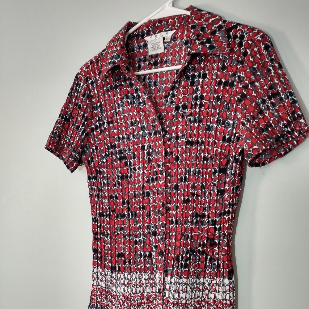 NWOT Como Stretch Mini Pleat Red Black Gray Blouse Size M